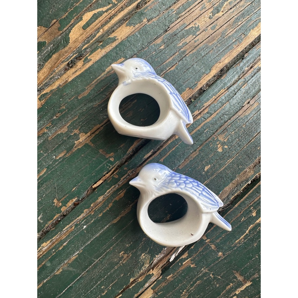 Vintage Blue Bird Ceramic Napkin Rings Set of 2 Blue White Porcelain Figurines